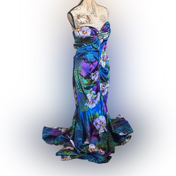 Cache Strapless Mermaid Gown Beaded Bust Tropical Print Sz M READ Y2K USA Made - Picture 10 of 16